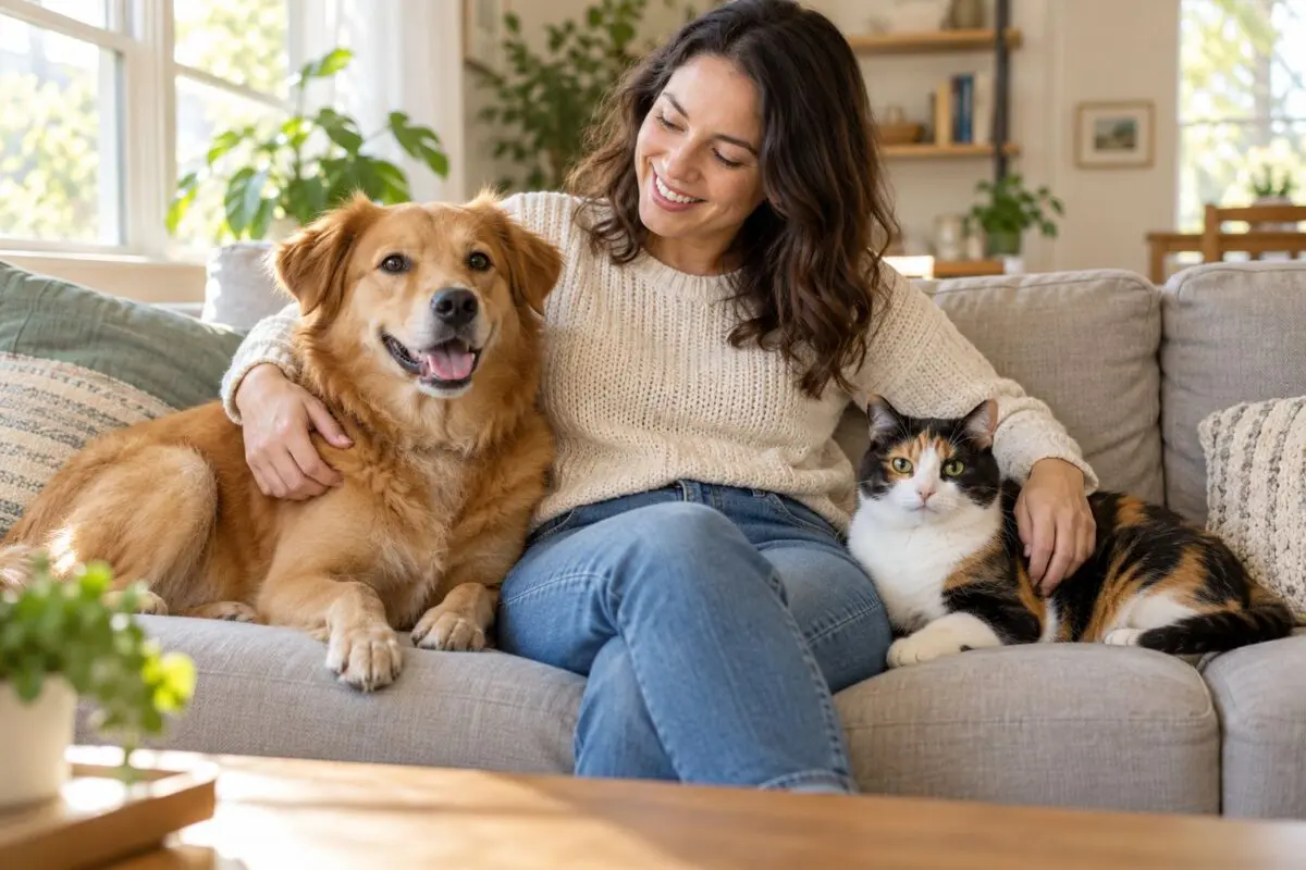 Woman sitting on a couch with a happy dog and a calico cat.
